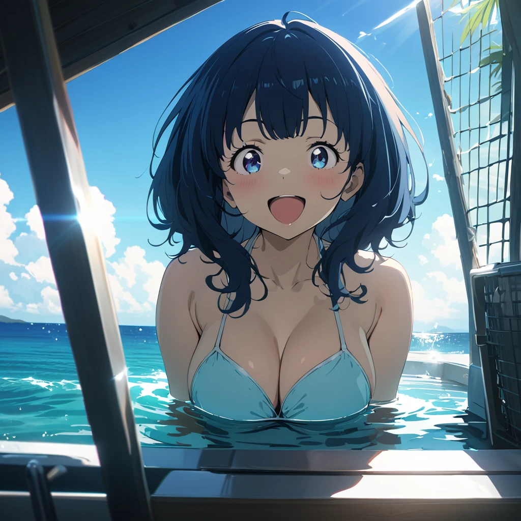 (((masterpiece))),(((best quality))),(((extremely detailed))), 1girl, solo, yanami_anna (makeine), big breasts, dark blue eyes, dark blue hair, thick hair, medium hair, double exposure, smiling, excited, swimwear, BREAK ocean, ocean water bath, sunlight