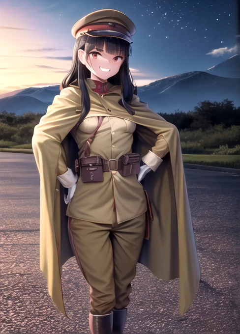 masterpiece, best quality, absurdres, high resolution, extremely detailed, 1girl, solo, cowboy shot, ((IJA Taisho, khaki uniform, IJA officer,)), IJA peaked cap,cloak,black long boots, hand on hip,small breasts, cape narrow waist, black hair, long hair, hime cut, blunt bangs, red eyes, smug, smile, white gloves, holster, khaki pants, leather belt pouch, ruined city, ruined street, on fire, night sky,