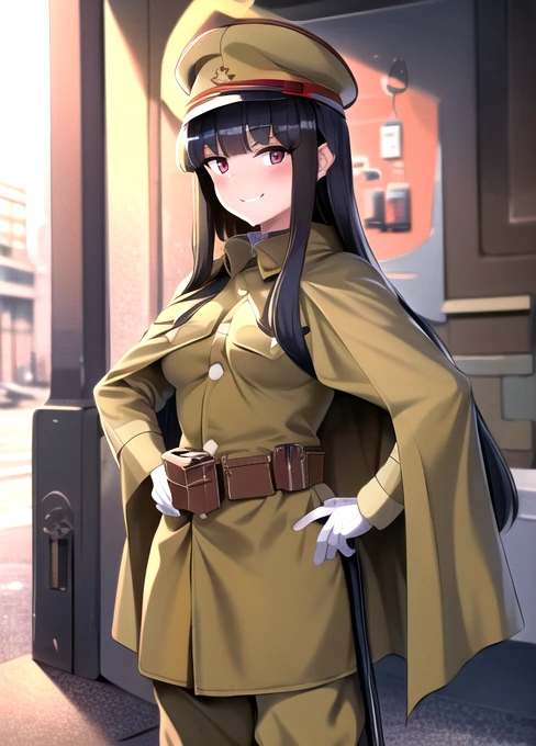 masterpiece, best quality, absurdres, high resolution, extremely detailed, 1girl, solo, cowboy shot, ((IJA Taisho, khaki uniform, IJA officer,)), IJA peaked cap,cloak,black long boots, hand on hip,small breasts, cape narrow waist, black hair, long hair, hime cut, blunt bangs, red eyes, smug, smile, white gloves, holster, khaki pants, leather belt pouch, ruined city, ruined street, on fire, night sky,