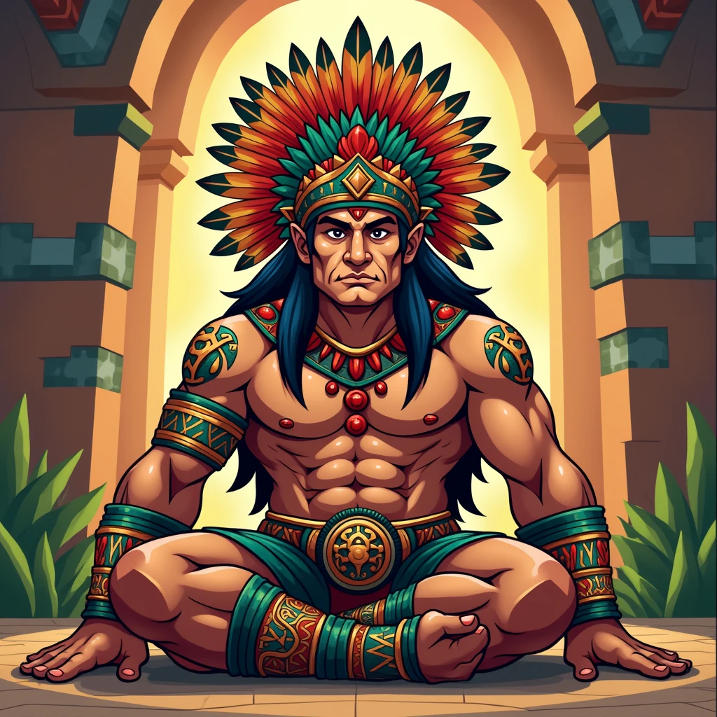 Make the god Quetzalcoatl a human with a crest covering his eyes and with orange and blue feathers., Also, he has a short beard , her brown skin, with a muscular body and an Aztec bracelet on each arm resting on a rock at night with bright stars , and an orange moon and a mountain and a river in the background