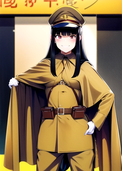 masterpiece, best quality, absurdres, high resolution, extremely detailed, 1girl, solo, cowboy shot, ((IJA Taisho, khaki uniform, IJA officer,)), IJA peaked cap,cloak,black long boots, hand on hip,small breasts, cape narrow waist, black hair, long hair, hime cut, blunt bangs, red eyes, smug, smile, white gloves, holster, khaki pants, leather belt pouch, ruined city, ruined street, on fire, night sky,