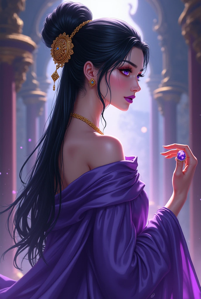 Fantasy, Sophisticated, lots of colors, High detail, Soft lighting, luxurious furnishings, Delicate flowing fairy dress, detailed jewelry, Unearthly atmosphere, Elegant pose, Graceful curves, Flowing and fluffy hair, Bright and transparent purple eyes, Delicate floral decoration, dazzling set of shiny crystal accessories, mysterious and dreamy atmosphere, hd