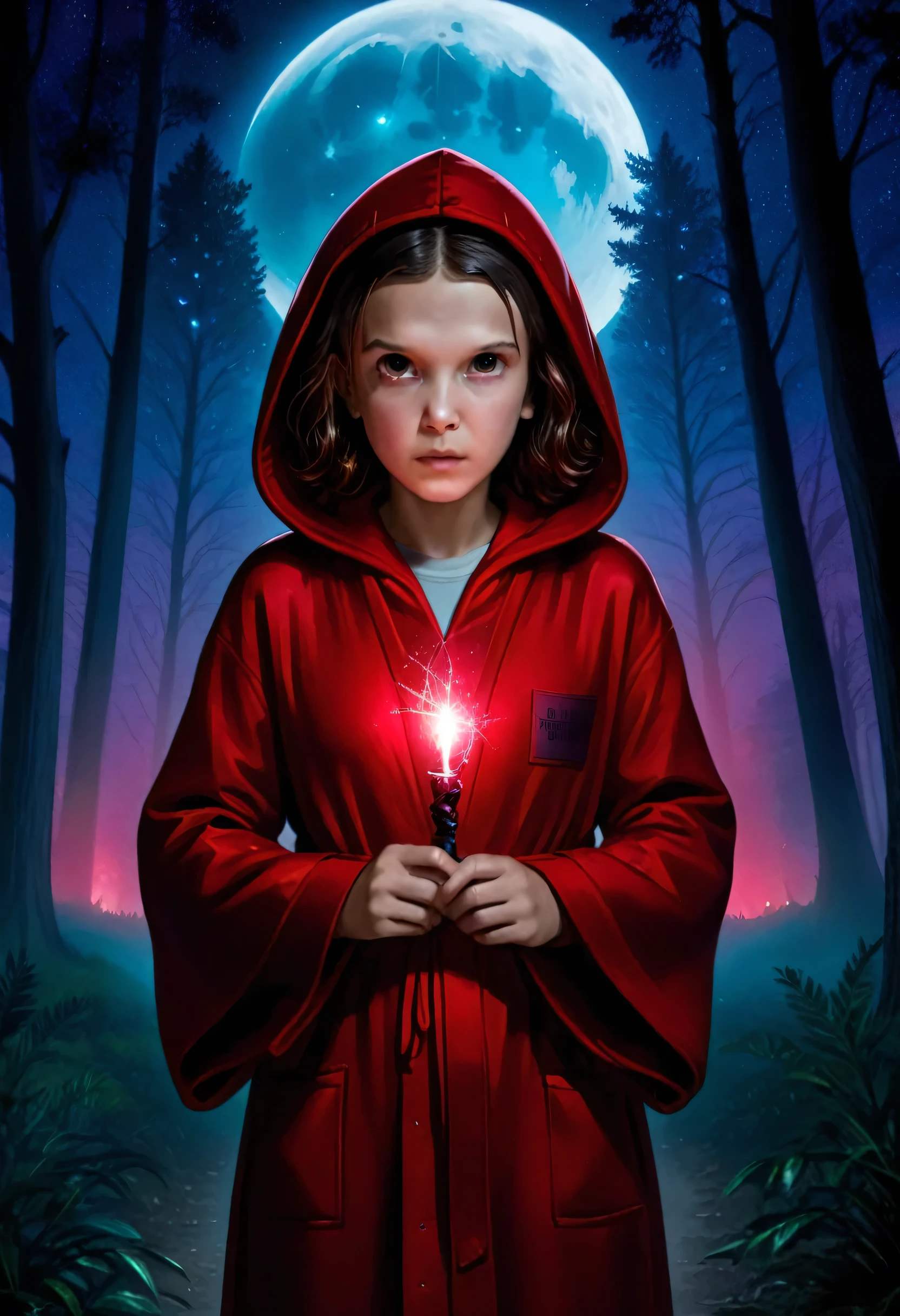 milli3 woman, millie bobby brown, 1 curious girl wearing red dark hooded silk robe and holding a magical plasma field in one hand, netflix, stranger things, eleven, in dark forest with full moon lit sky, shadow figure lurking behind trees, front view