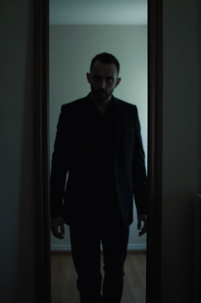 ((best quality)), ((masterpiece)), (detailed), a mysterious man with an unclear face and all black clothes, walk through the mirror without a reflection. in the dark living room. because the electricity at home went out.