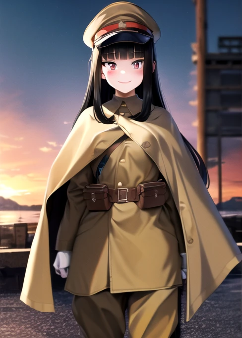 masterpiece, best quality, absurdres, high resolution, extremely detailed, 1girl, solo, cowboy shot, ((IJA Taisho, khaki uniform, IJA officer,)), IJA peaked cap,cloak,black long boots, small breasts, cape narrow waist, black hair, long hair, hime cut, blunt bangs, red eyes, smug, smile, white gloves, holster, khaki pants, leather belt pouch, ruined city, ruined street, on fire, night sky,