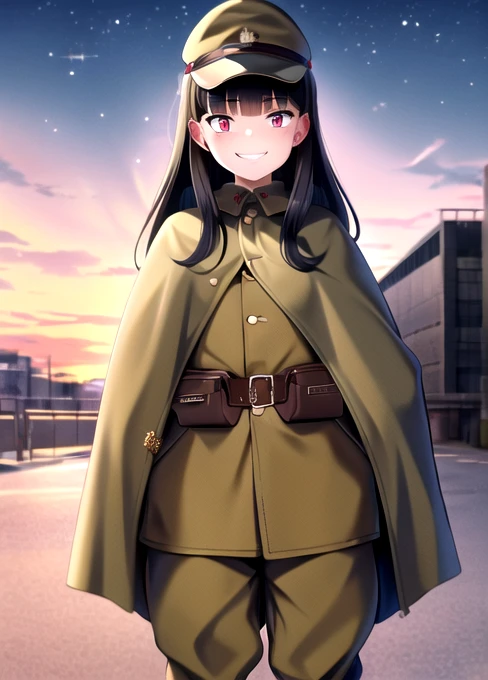 masterpiece, best quality, absurdres, high resolution, extremely detailed, 1girl, solo, cowboy shot, ((IJA Taisho, khaki uniform, IJA officer,)), IJA peaked cap,cloak,black long boots, small breasts, cape narrow waist, black hair, long hair, hime cut, blunt bangs, red eyes, smug, smile, white gloves, holster, khaki pants, leather belt pouch, ruined city, ruined street, on fire, night sky,