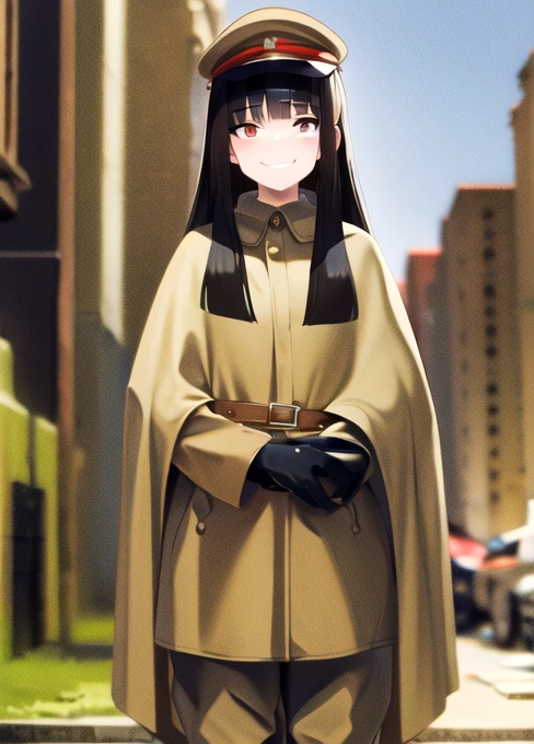 masterpiece, best quality, absurdres, high resolution, extremely detailed, 1girl, solo, cowboy shot, ((IJA Taisho, khaki uniform, IJA officer,)), IJA peaked cap,cloak,black long boots, small breasts, cape narrow waist, black hair, long hair, hime cut, blunt bangs, red eyes, smug, smile, white gloves, holster, khaki pants, leather belt pouch, ruined city, ruined street, on fire, night sky,