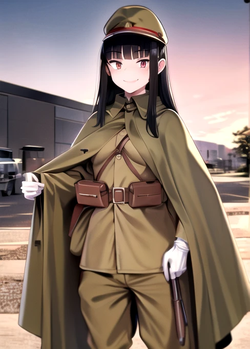 masterpiece, best quality, absurdres, high resolution, extremely detailed, 1girl, solo, cowboy shot, ((IJA Taisho, khaki uniform, IJA officer,)), IJA peaked cap,cloak,black long boots, small breasts, cape narrow waist, black hair, long hair, hime cut, blunt bangs, red eyes, smug, smile, white gloves, holster, khaki pants, leather belt pouch, ruined city, ruined street, on fire, night sky,