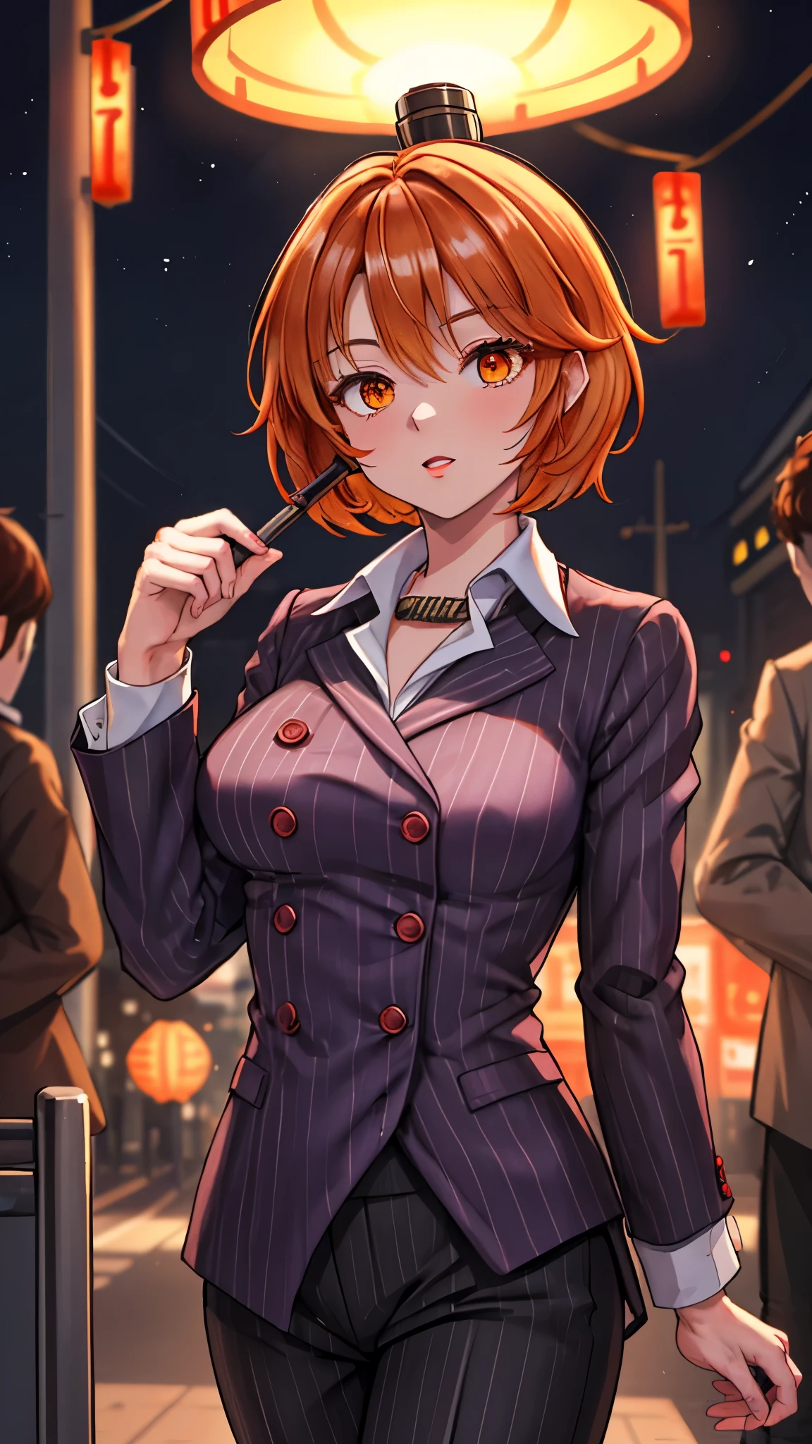 （（super high quality,））（（Ultra-high resolution,））（16K,）（super masterpiece,）（（Ultra HD ,））（Detailed shading,）Shooting from below,Upper body photo,One Woman,Short orange hair with bouncy tips,Black vertical striped suit and pants,A tight-collared white shirt with the second button undone,Open your legs a little,Hold up a three-section club,A sharp expression,A deserted Chinatown glowing faintly purple late at night,