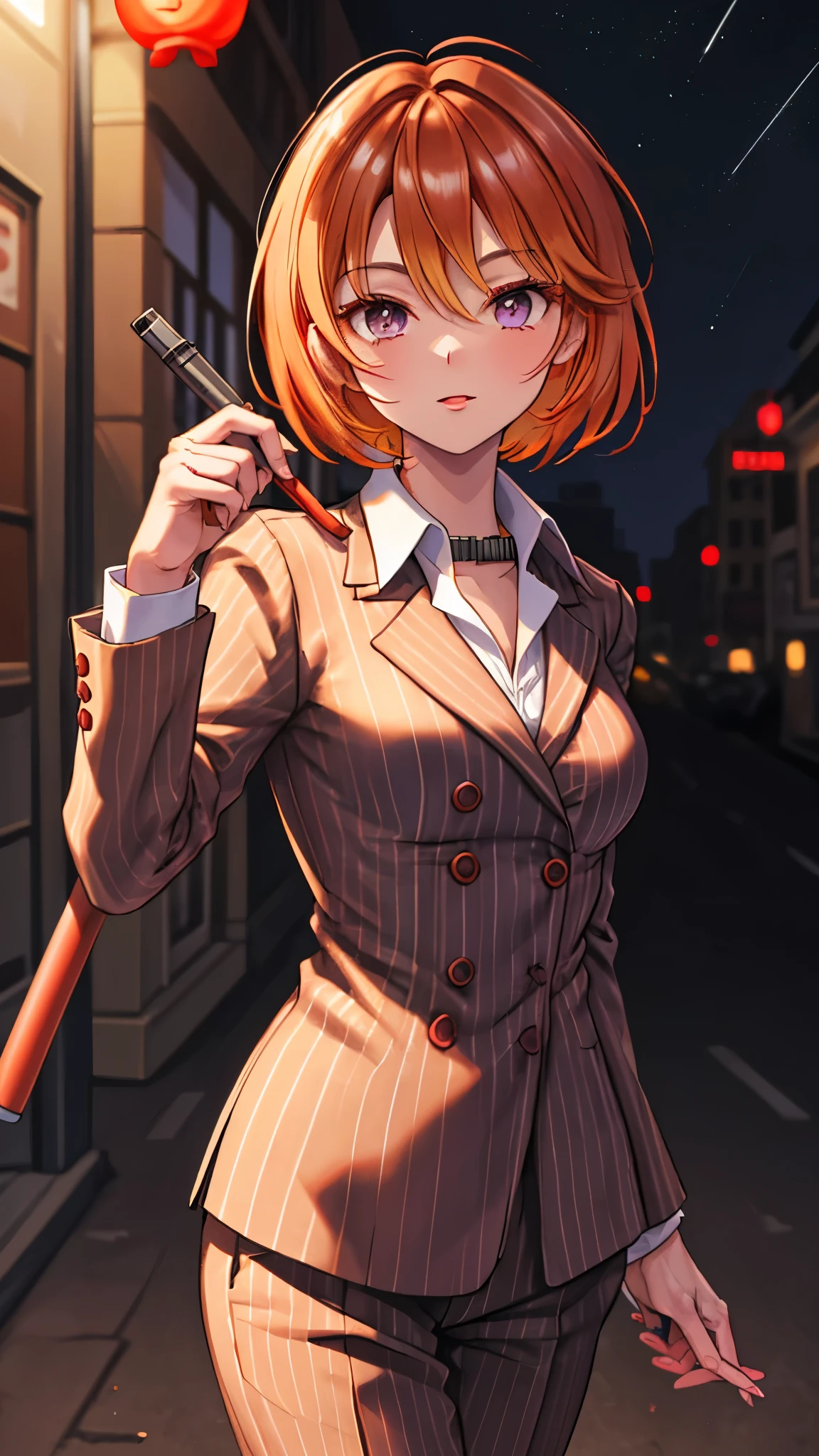 （（super high quality,））（（Ultra-high resolution,））（16K,）（super masterpiece,）（（Ultra HD ,））（Detailed shading,）Shooting from below,Upper body photo,One Woman,Short orange hair with bouncy tips,Black vertical striped suit and pants,A tight-collared white shirt with the second button undone,Open your legs a little,Hold up a three-section club,A sharp expression,A deserted Chinatown glowing faintly purple late at night,