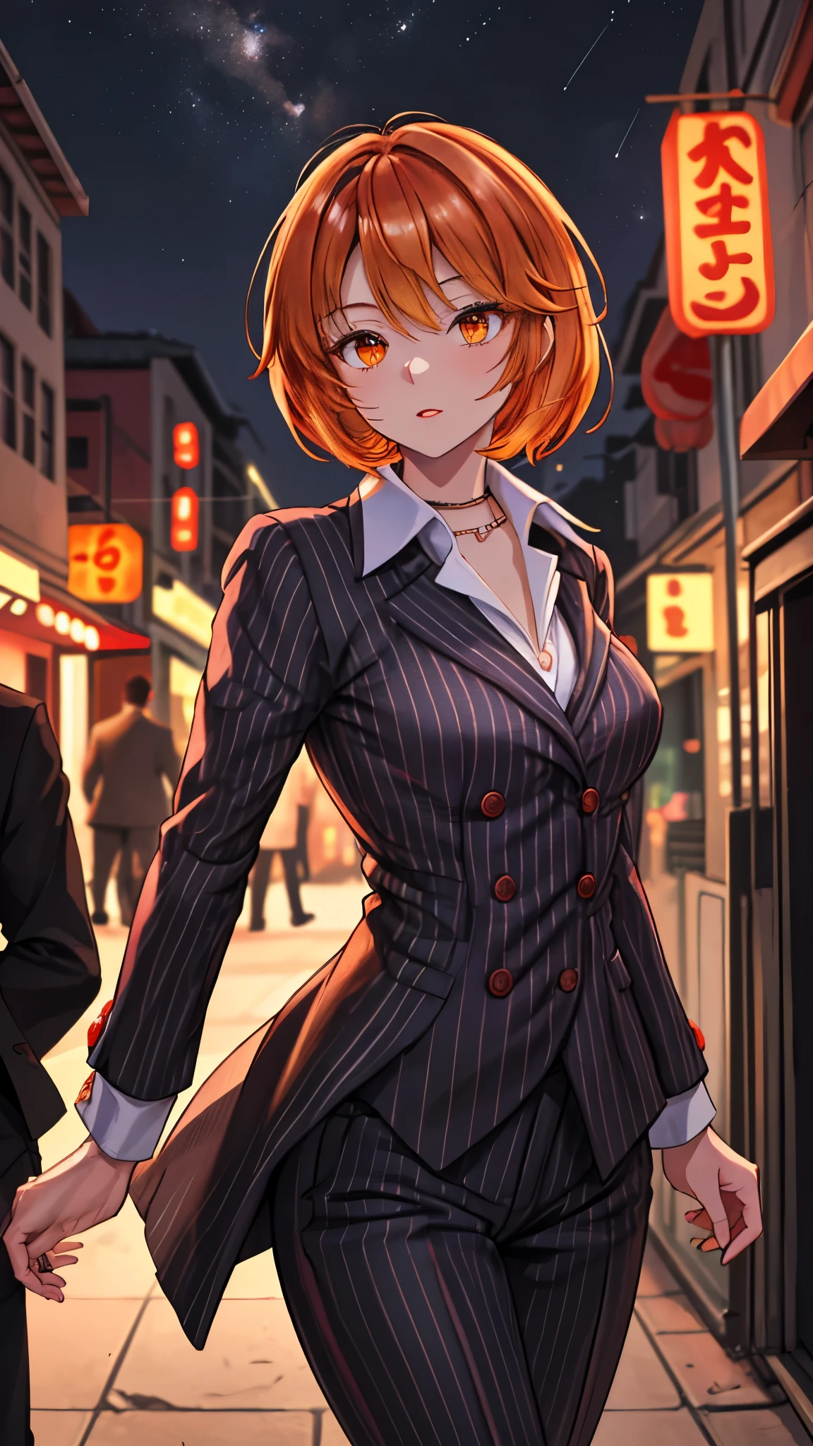 （（super high quality,））（（Ultra-high resolution,））（16K,）（super masterpiece,）（（Ultra HD ,））（Detailed shading,）Shooting from below,Upper body photo,One Woman,Short orange hair with bouncy tips,Black vertical striped suit and pants,A tight-collared white shirt with the second button undone,Open your legs a little,Hold up a three-section club,A sharp expression,A deserted Chinatown glowing faintly purple late at night,