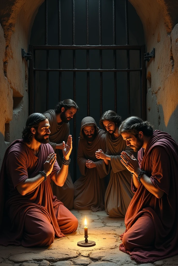 (photorealism:1.2), men imprisoned in jail praying 