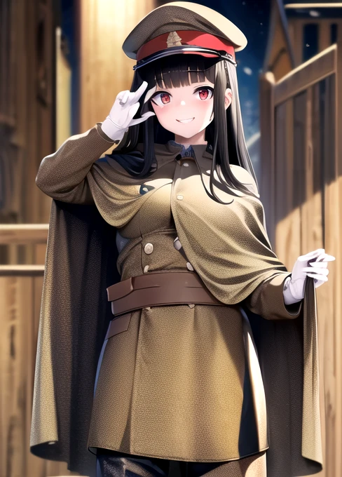 masterpiece, best quality, absurdres, high resolution, extremely detailed, 1girl, solo, ((IJA Taisho, khaki uniform, IJA officer,)), IJA peaked cap,cloak,black long boots, small breasts, cape narrow waist, black hair, long hair, hime cut, blunt bangs, red eyes, smile, white gloves, holster, khaki pants, leather belt pouch, night sky,