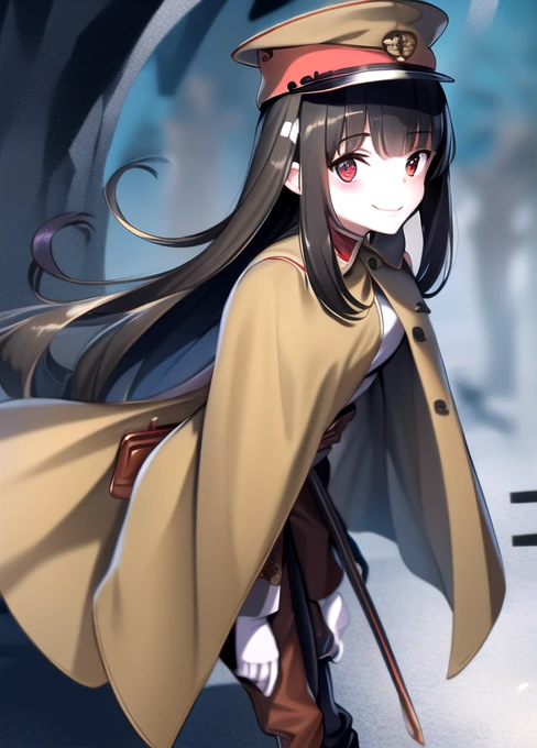 masterpiece, best quality, absurdres, high resolution, extremely detailed, 1girl, solo, ((IJA Taisho, khaki uniform, IJA officer,)), IJA peaked cap,cloak,black long boots, small breasts, cape narrow waist, black hair, long hair, hime cut, blunt bangs, red eyes, smile, white gloves, holster, khaki pants, leather belt pouch, night sky,