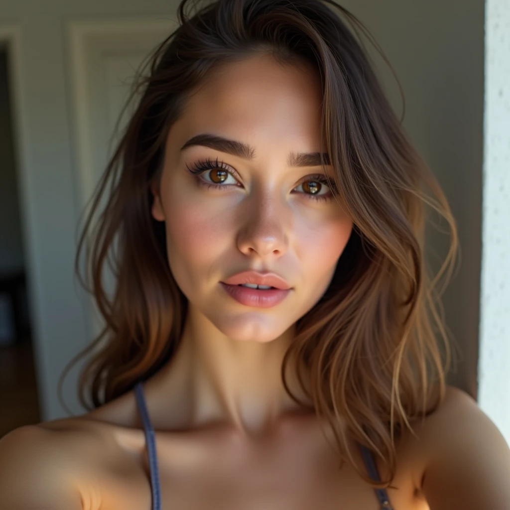 selfie shot, Jocelyn, albanian, goddess of the Amazons, short in stature, 1,52 m high, age 28, 62 kilos, long hair, straight and natural brown. slightly swollen dark circles, large light green eyes, small, pointy nose, Big Mouth with Extremely Full Lips, perfekt teeth, Beautiful Albanian face, Extremely beautiful with skin depth, seductive expression, displaying ((super gigantic hips and thighs, exaggeratedly super wide legs and exaggeratedly giant and quadriceps with super hypertrophy, Giant butt, fleshy and rounded with Gluteal Harmonization)). Average Bust and Breasts 97 Centimeters, hands with perfect and symmetrical fingers, well-groomed nails, Perfect feet. face natural, shy and sensual, she is in her room, looking a little to the side, totally naked, destacando seu Pear-shaped body with shapely legs, thighs 32 inches in diameter, ultra-realistic analog photography with a high level of detail and definition, vibrant, sharp colors with greater realism, high quality 4K UHD image resolution.