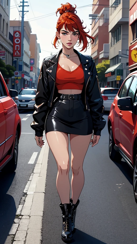 ((Highest quality)), ((masterpiece)), (Familiar), Hazy, Female,Mature Woman,Purple Hair, short hair, Low Ponytail, eye shadow, lipstick, Red eyes,Black Shirt,Large Breasts,Cleavage,Red and black jacket,White tight skirt,Red Heels