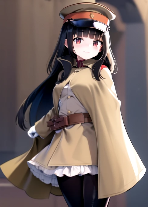 masterpiece, best quality, absurdres, high resolution, extremely detailed, 1girl, solo, ((IJA Taisho, khaki uniform, IJA officer,)), IJA peaked cap,cloak,black long boots, small breasts, cape narrow waist, black hair, long hair, hime cut, blunt bangs, red eyes, smile, white gloves, holster, khaki pants, leather belt pouch, night sky,