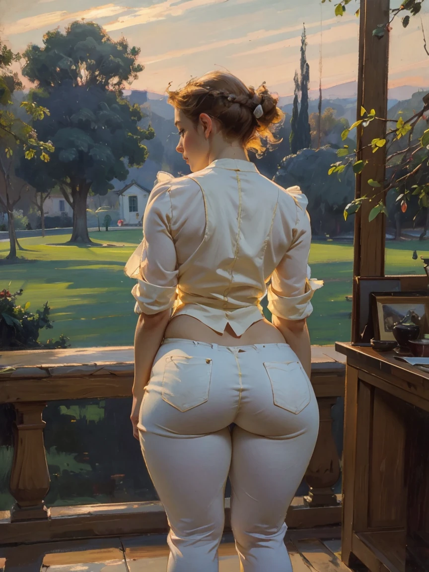 taken from behind, highly-detailed, closeup of the butt, standing straight up pose, dynamic pose, teacher uniform, nice ass uses, ginger hair, [sexy busty blonde], in a dreamlike setting, with soft pastel colors, in tall long wildflower field, painted in impressionist style, brushstroke painting technique, palette knife painting, an expressive oil painting,