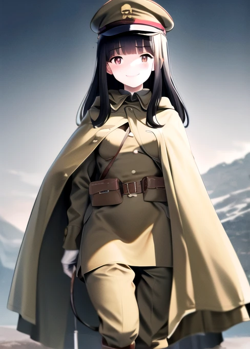 masterpiece, best quality, absurdres, high resolution, extremely detailed, 1girl, solo, ((IJA Taisho, khaki uniform, IJA officer,)), IJA peaked cap,cloak,black long boots, small breasts, cape, long cape, narrow waist, black hair, long hair, hime cut, blunt bangs, red eyes, smile, white gloves, holster, khaki pants, leather belt pouch, night sky,