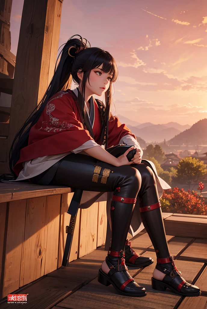 Demon slayer. A 19 year old man with long, thick, brown hair in a half pony tail. The hair is down to his waist and he has red eyes. Also, he wears a plain white haori. Taisho era Japan. Holding an instrument called The Koto. Wisteria trees. Black gloves. Very pale skin. Black, thigh-high socks.