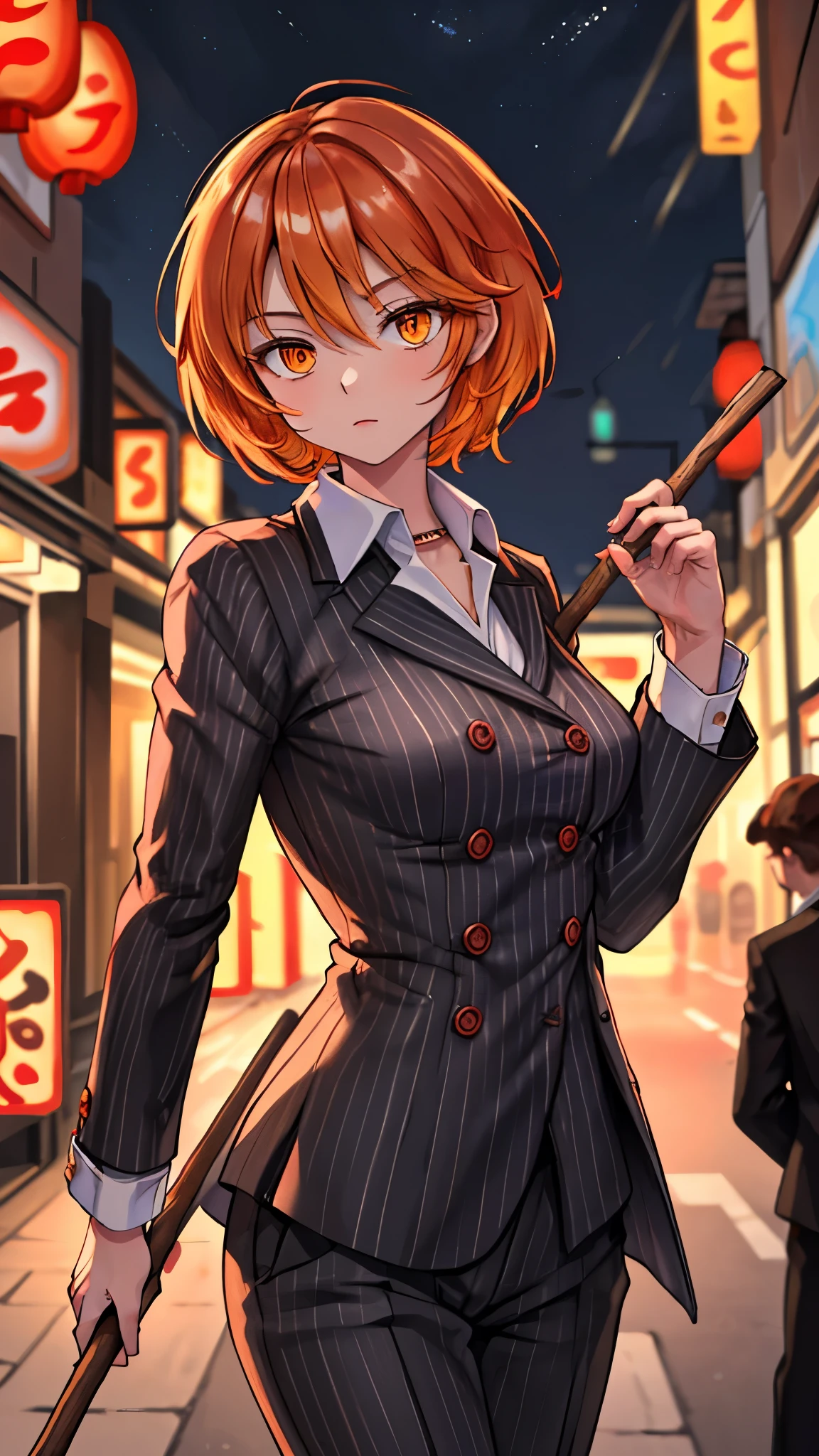 （（super high quality,））（（Ultra-high resolution,））（16K,）（super masterpiece,）（（Ultra HD ,））（Detailed shading,）Shooting from below,Upper body photo,One Woman,Short orange hair with bouncy tips,Black vertical striped suit and pants,A tight-collared white shirt with the second button undone,Open your legs a little,Hold the stick in your hand,A firm expression,nervous,A deserted Chinatown late at night,