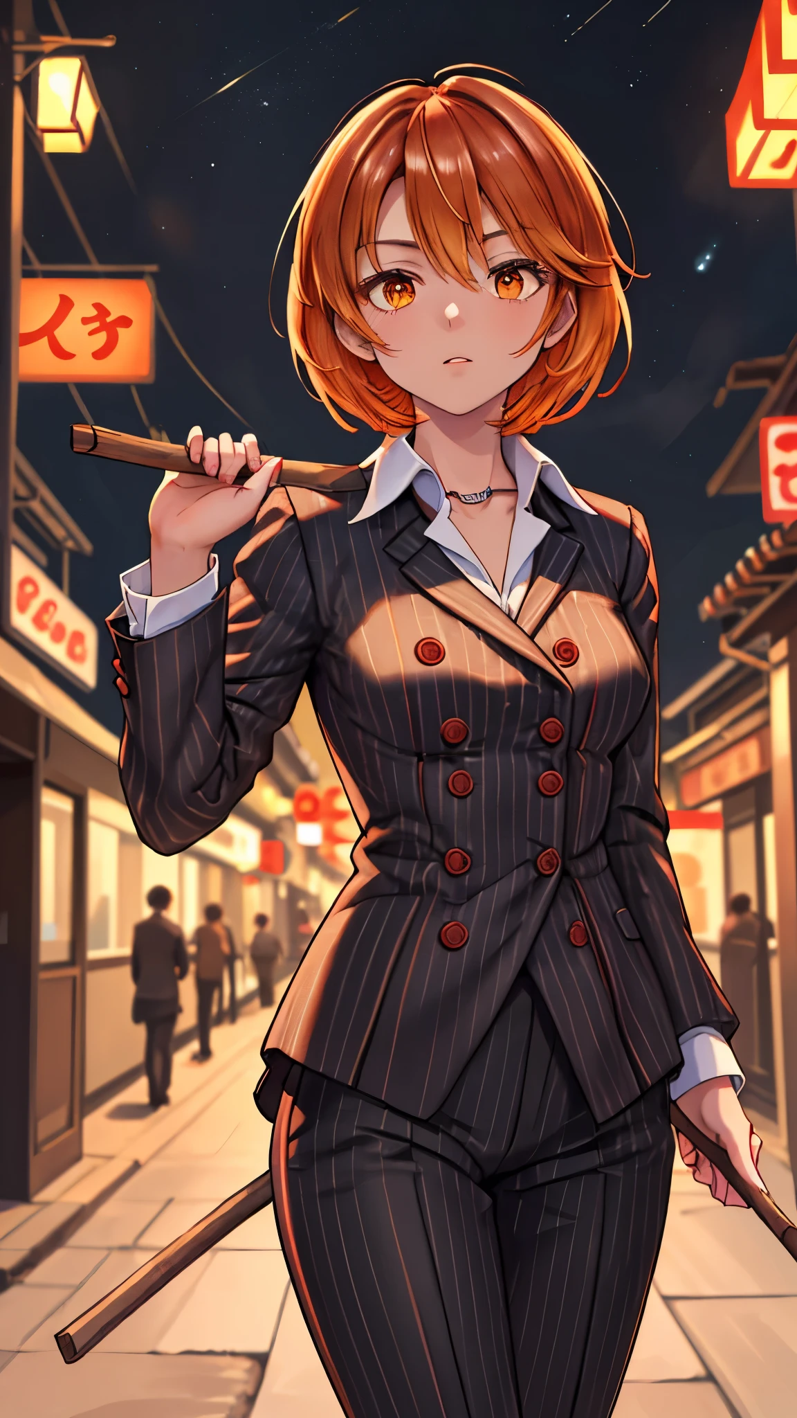 （（super high quality,））（（Ultra-high resolution,））（16K,）（super masterpiece,）（（Ultra HD ,））（Detailed shading,）Shooting from below,Upper body photo,One Woman,Short orange hair with bouncy tips,Black vertical striped suit and pants,A tight-collared white shirt with the second button undone,Open your legs a little,Hold the stick in your hand,A firm expression,nervous,A deserted Chinatown late at night,