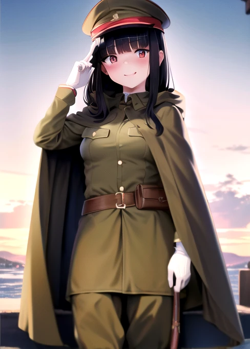 masterpiece, best quality, absurdres, high resolution, extremely detailed, 1girl, solo, ((IJA Taisho, khaki uniform, IJA officer,)), IJA peaked cap,cloak,black long boots, small breasts, cape, long cape, narrow waist, black hair, long hair, hime cut, blunt bangs, red eyes, smile, white gloves, holster, khaki pants, leather belt pouch, night sky,