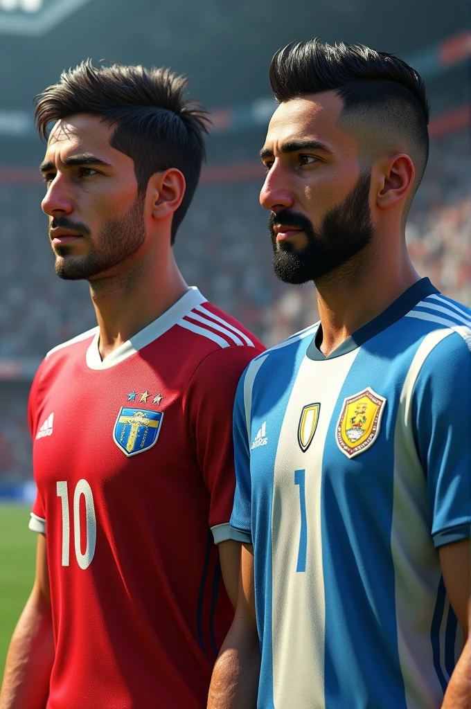 A muscular Iranian football player with hairy chest hair and beard, in the blue uniform of the El Salvador national football team, shaking hands with the Brazilian player wearing the Brazilian national football team uniform. 