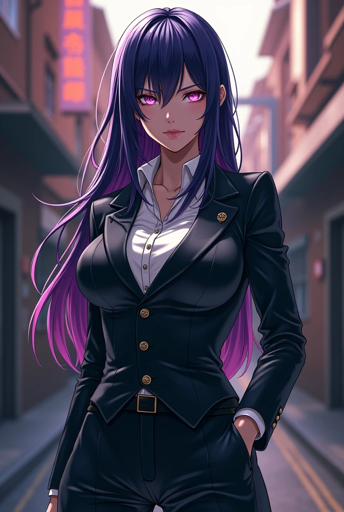 Style Anime, femme adulte, cheveux violet, mini jupe, botte, porte-jartelle, chemisier, grand décollleté, poitrine généreuse, katana dans une main, l'autre main soulevant un sein, décor urbain