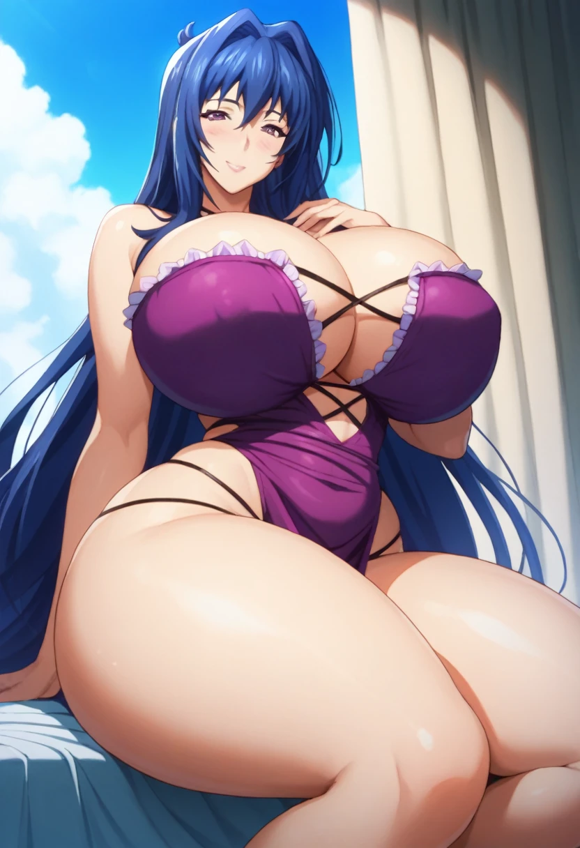 nijou aki,huge breasts,long hair,mature female,purple eyes,blue hair,wide hips,mature female,long hair,mature female,purple eyes,blue hair,wide hips,(thick thighs),bimbo, blush, smile (ass, slid areolas, from below), pool,(((bottomheavy,big ass,huge ass,gigantic ass,thick thighs,massive thighs)))
