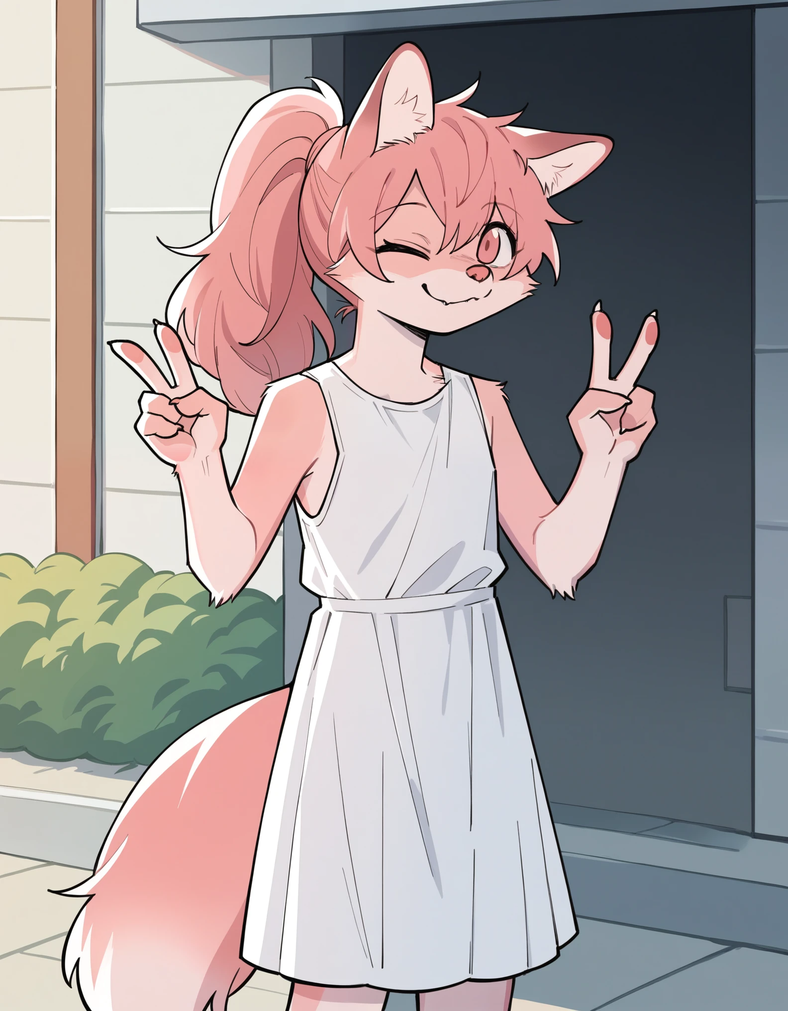 Solo, Score_9, score_8_up, solo, Anthro, furchan, pink furry body, pink hair, ponytail, pink eyes, pink nose, animal ears, tail, tall and slender body, standing, indoors, wearing sleeveless white dress, outdoors, smirking, grinning, winking, one closed eye; wearing white dress, peace sign