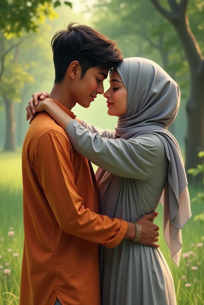 Black headscarf in the garden, white long sleeve t shirt, grey sweatpants, white socks, Sexy woman with glasses kissing a man
