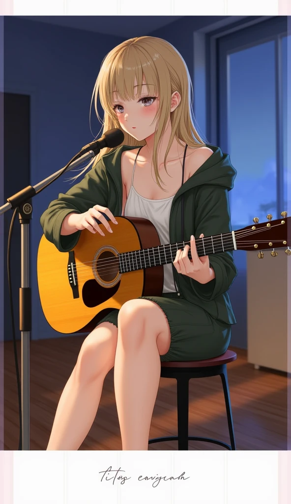 Girl playing guitar sitting on stool