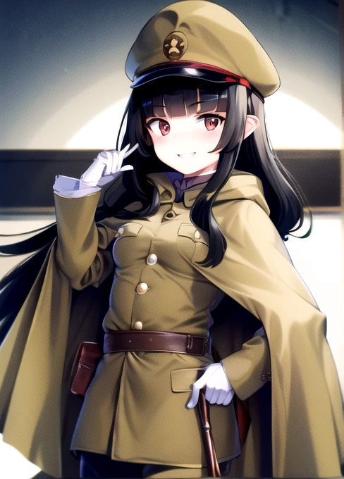 masterpiece, best quality, absurdres, high resolution, extremely detailed, 1girl, solo, ((IJA Taisho, khaki uniform, IJA officer,)), IJA peaked cap,cloak,black long boots, small breasts, cape, long cape, narrow waist, black hair, long hair, hime cut, blunt bangs, red eyes, smile, white gloves, holster, khaki pants, leather belt pouch, night sky,