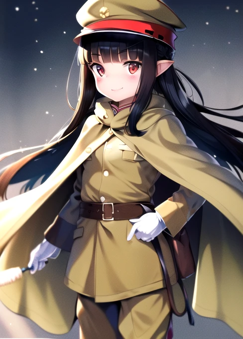 masterpiece, best quality, absurdres, high resolution, extremely detailed, 1girl, solo, ((IJA Taisho, khaki uniform, IJA officer,)), IJA peaked cap,cloak,black long boots, small breasts, cape, long cape, narrow waist, black hair, long hair, hime cut, blunt bangs, red eyes, smile, white gloves, holster, khaki pants, leather belt pouch, night sky,