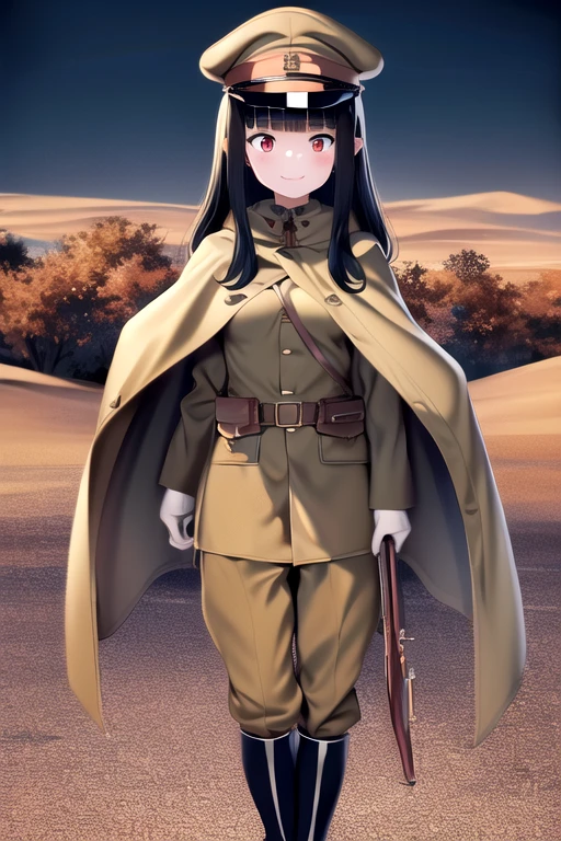 masterpiece, best quality, absurdres, high resolution, extremely detailed, 1girl, solo, ((IJA Taisho, khaki uniform, IJA officer,)), IJA peaked cap,cloak,black long boots, small breasts, cape, long cape, narrow waist, black hair, long hair, hime cut, blunt bangs, red eyes, smile, white gloves, holster, khaki pants, leather belt pouch, night sky,