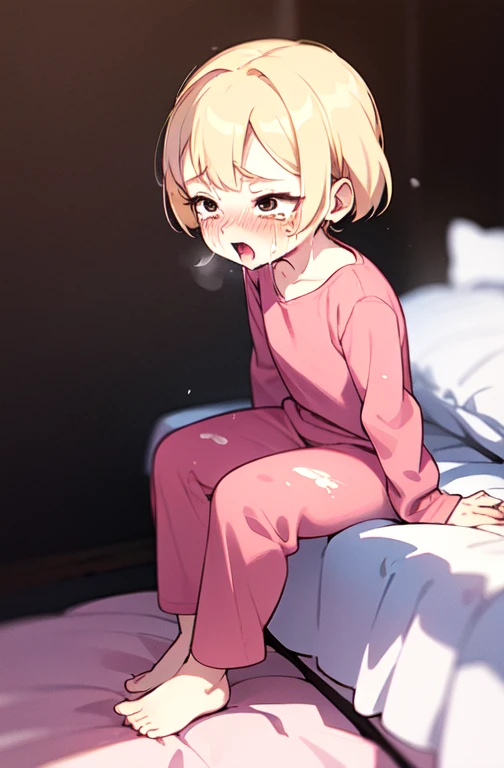 (masterpiece, Highest quality)，Highest quality，Very ，(Small children)，Solo Images，Very short stature，Flat Chest，blonde、Pink pajamas joji fashion、Sit on the bed、blush，Scared、cry、Surprised expression，Dark night bedroom background，Large amounts of urine stains，，