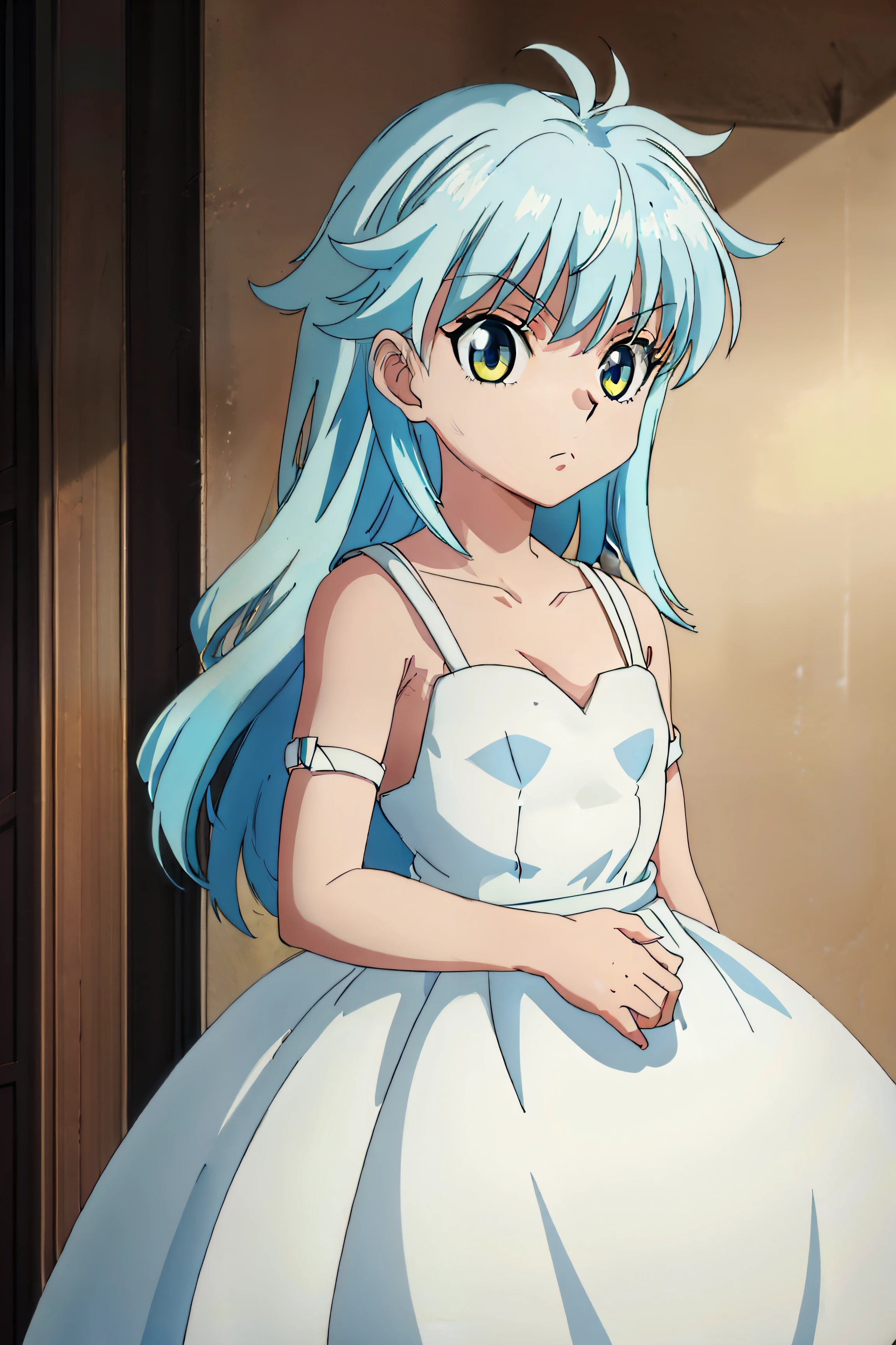 1Girl, Long hair, wave hair, Light blue hair, Yellow eyes, White dress, simple dress, straps dress, Innocent glance eyes.