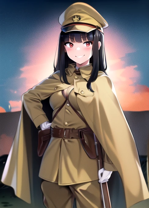 masterpiece, best quality, absurdres, high resolution, extremely detailed, 1girl, solo, cowboy shot, ((IJA Taisho, khaki uniform, IJA officer,)), IJA peaked cap,cloak,black long boots, small breasts, cape narrow waist, black hair, long hair, hime cut, blunt bangs, red eyes, smug, smile, white gloves, holster, khaki pants, leather belt pouch, ruined city, ruined street, on fire, night sky,