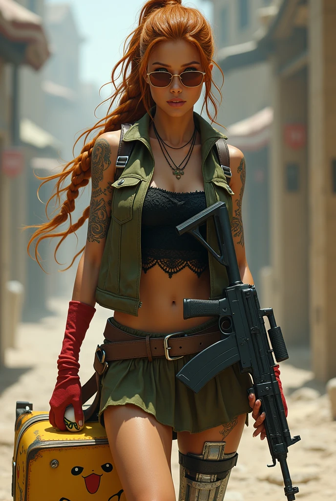 Zombie girl (beautiful and bold, seductive and attractive, green eyes, pointed breasts, straight red blonde hair, sweaty body full of blood, open shirt, short skirt, boot, thick legs). (deserted road, dirt road, abandoned cars, apocalyptic scenery, cinematic effect), (Best quality, masterpiece, depth of field, Full HD, 4K, richness of detail). Portrait style
