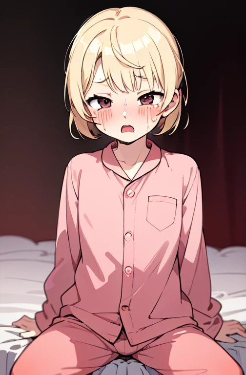 (masterpiece, Highest quality)，Highest quality，Very ，(Small children)，Solo Images，Very short stature，Flat Chest，blonde、Pink pajamas joji fashion、Sit on the bed、blush，Scared、cry、Surprised expression，Dark night bedroom background，Urine stains，