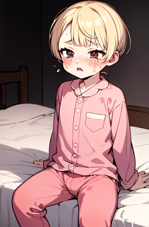 (masterpiece, Highest quality)，Highest quality，Very ，(Small children)，Solo Images，Very short stature，Flat Chest，blonde、Pink pajamas joji fashion、Sit on the bed、blush，Scared、cry、Surprised expression，Dark night bedroom background，Urine stains，