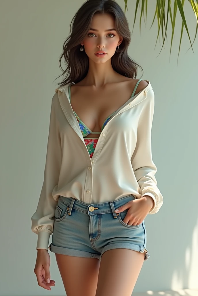 A girl, very pretty, Red eyes, by white, big breasts, with a comfortable blouse and short blue shorts