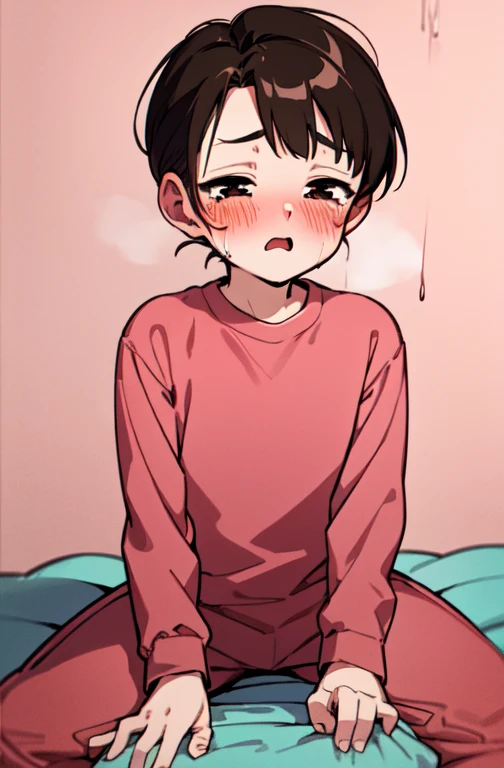 (masterpiece, Highest quality)，Highest quality，Very ，(Small children)，Solo Images，Very short stature，Flat Chest，Brown Hair，Pink pajamas joji fashion、Sit on the bed、blush，Scared、cry、Surprised expression，Dark night bedroom background，Urine stains，

