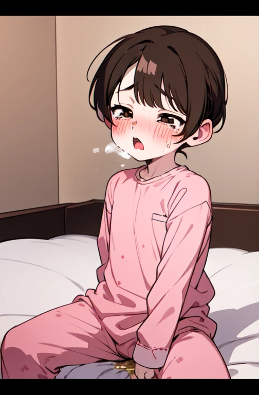 (masterpiece, Highest quality)，Highest quality，Very ，(Small children)，Solo Images，Very short stature，Flat Chest，Brown Hair，Pink pajamas joji fashion、Sit on the bed、blush，Scared、cry、Surprised expression，Dark night bedroom background，Urine stains，

