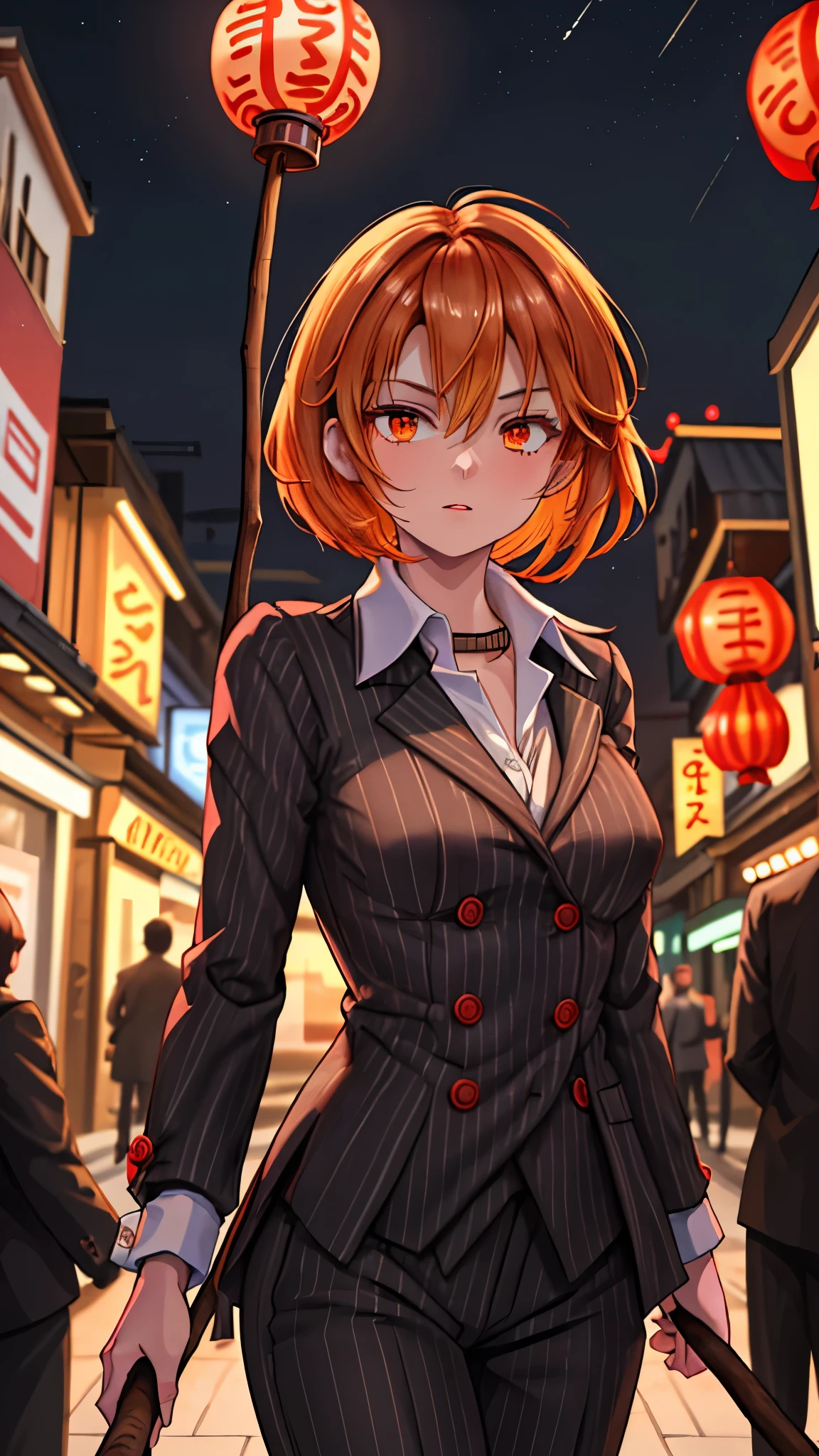 （（super high quality,））（（Ultra-high resolution,））（16K,）（super masterpiece,）（（Ultra HD ,））（Detailed shading,）Shooting from below,Upper body photo,One Woman,Short orange hair with bouncy tips,Black vertical striped suit and pants,A tight-collared white shirt with the second button undone,Open your legs a little,Hold the stick in your hand,A firm expression,Aggressive,Sharp Eyes,An empty Chinatown at night with the lights out,