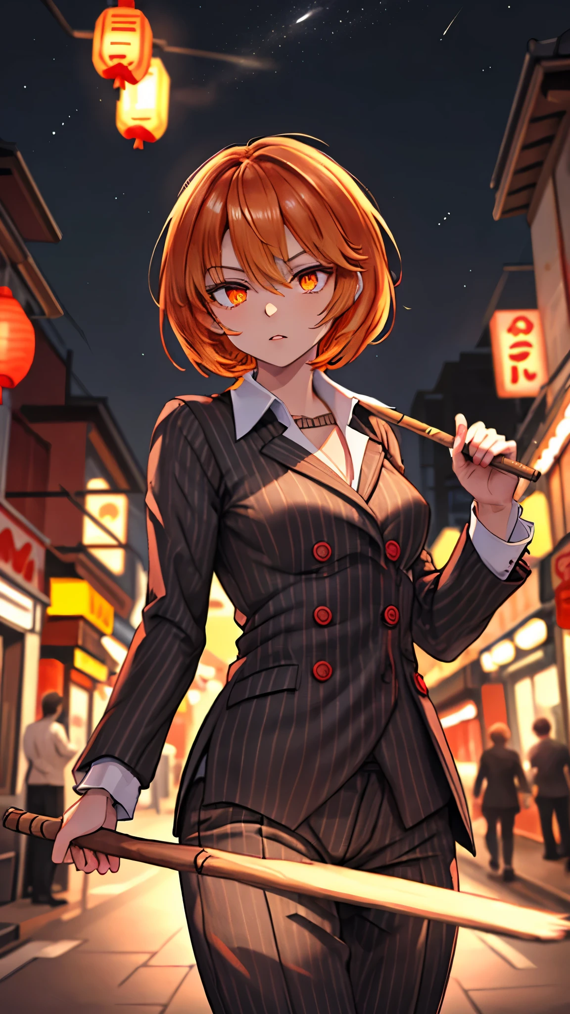 （（super high quality,））（（Ultra-high resolution,））（16K,）（super masterpiece,）（（Ultra HD ,））（Detailed shading,）Shooting from below,Upper body photo,One Woman,Short orange hair with bouncy tips,Black vertical striped suit and pants,A tight-collared white shirt with the second button undone,Open your legs a little,Hold the stick in your hand,A firm expression,Aggressive,Sharp Eyes,An empty Chinatown at night with the lights out,