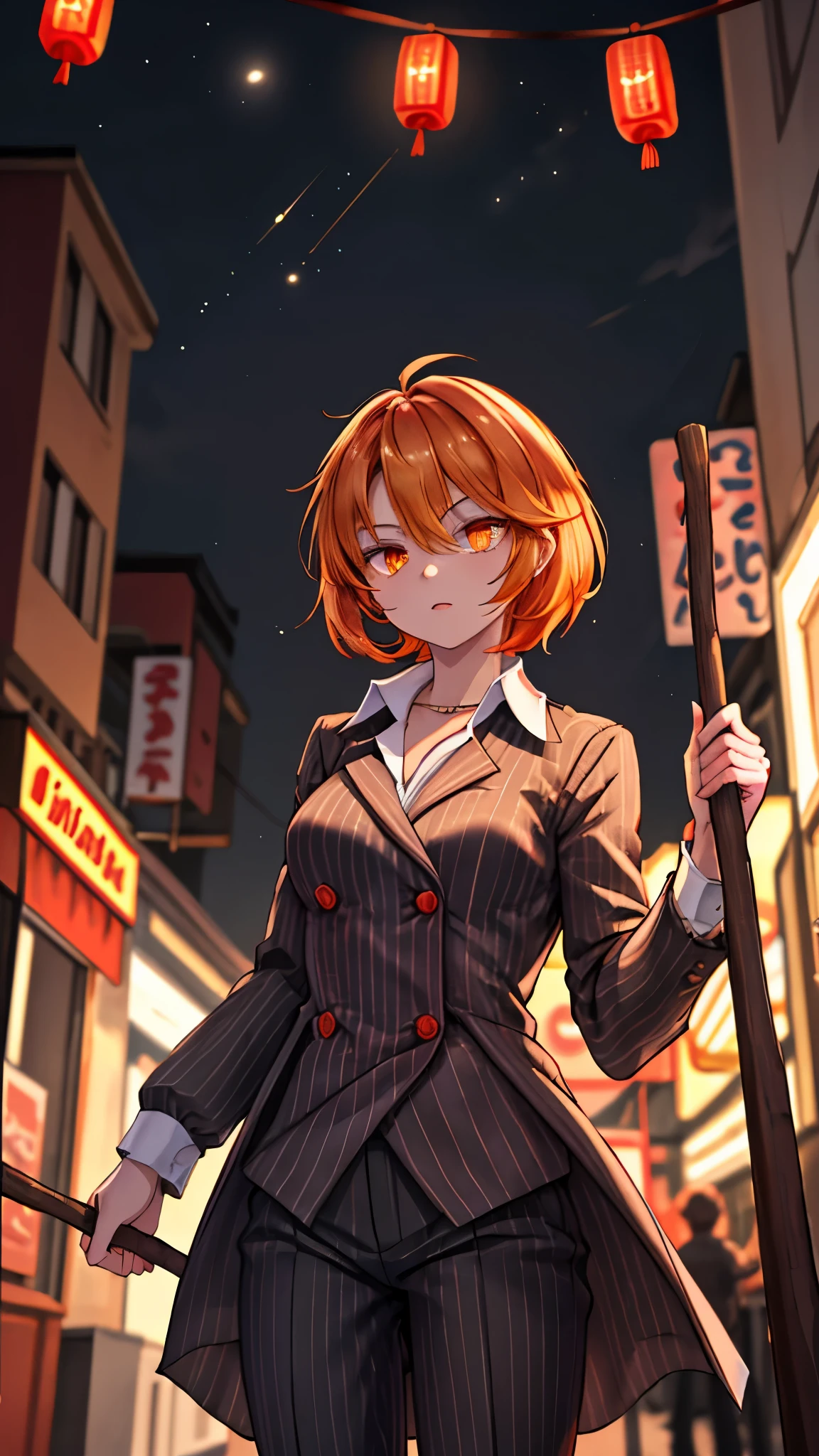 （（super high quality,））（（Ultra-high resolution,））（16K,）（super masterpiece,）（（Ultra HD ,））（Detailed shading,）Shooting from below,Upper body photo,One Woman,Short orange hair with bouncy tips,Black vertical striped suit and pants,A tight-collared white shirt with the second button undone,Open your legs a little,Hold the stick in your hand,A firm expression,Aggressive,Sharp Eyes,An empty Chinatown at night with the lights out,