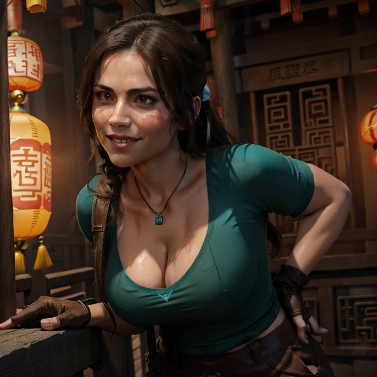 Hayley Atwell, dressed as Lara Croft, hyper breasts, apartament, detailing face, detailing body, long shirt (turquoise color), brown shorts, dirty skin, brown shorts, arched back, bent over, looking sideways at camera, big ass, cleavage, dirty skin, very sweaty, fingerless gloves, straps, ((Inside the chinese temple)), red chinese dragons flying in background, cute smile, lantern in hand, detailing face, mouth open,