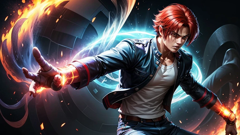 A male character Kyo Kusanagi  in an intense fighting stance, channeling mystical energy. The character has red hair styled forward, wearing a black jacket with wide sleeves and a white shirt underneath that flares out. He’s also wearing red pants and black shoes. His arms are raised above his head, gathering a glowing blue energy orb with swirling energy tendrils that envelop his body. Behind him, there are dark purple flames, shattered rocks, and energy surges bursting from the ground, showing the impact of his power. The background is transparent, with dynamic blue and purple hues accentuating the energy flow. The overall style is vibrant and reminiscent of anime fighting games, with sharp, clean lines and detailed effects.